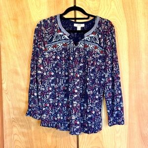 Flowy blue, white, and red floral top, ladies XL